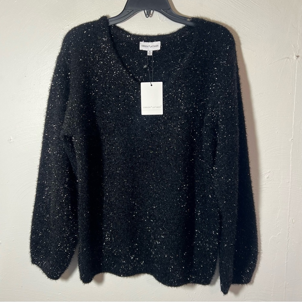 Gibson Latimer Black Sparkle Shiny Women Medium V-neck Fuzzy NWT Sweater